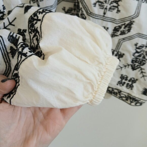 Solitaire by Ravi- Boho Chic Blouse Shirt- Size Medium- White/Black- 100% Cotton - Picture 9 of 10